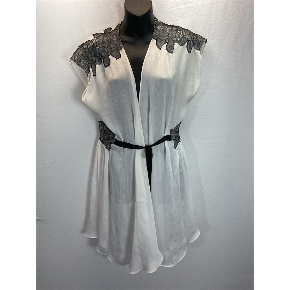 Oscar de‎ la Renta Pink Label White Chiffon Lace Trim Black floral tie  Robe XL